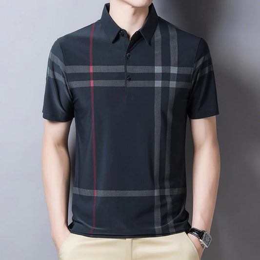 BROWON Business Polo Shirt Men Summer New Casual Loose Breathable Anti-wrinkle Short Sleeved Plaid Men Polo Shirt Men Tops Regular
