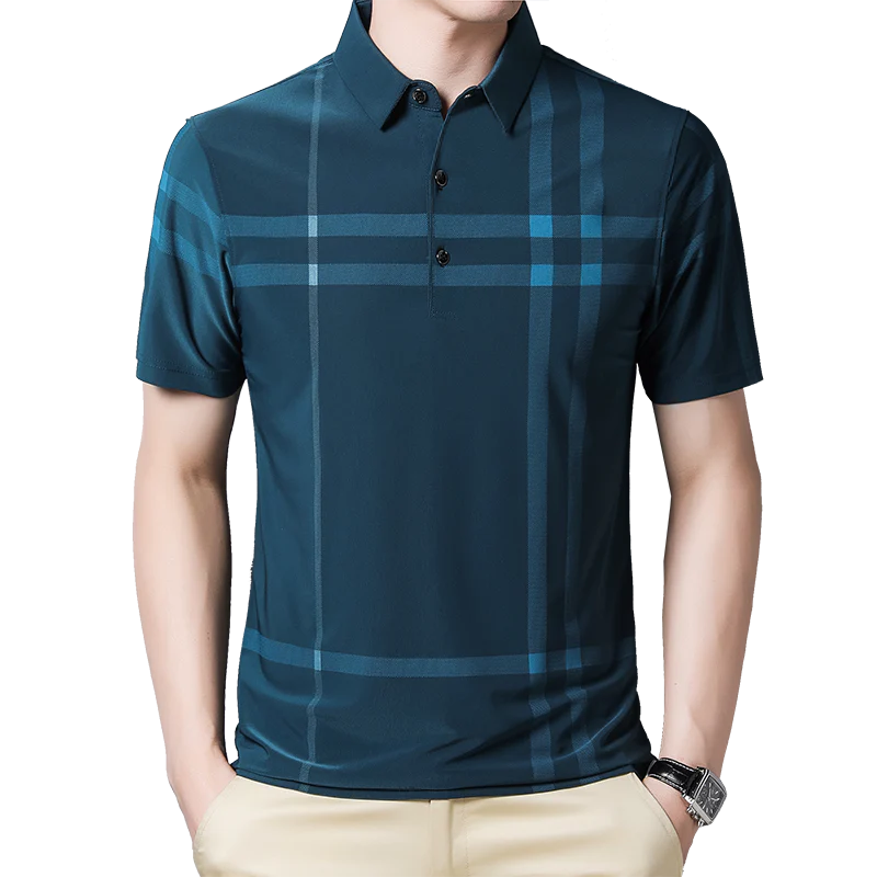 BROWON Business Polo Shirt Men Summer New Casual Loose Breathable Anti-wrinkle Short Sleeved Plaid Men Polo Shirt Men Tops Regular