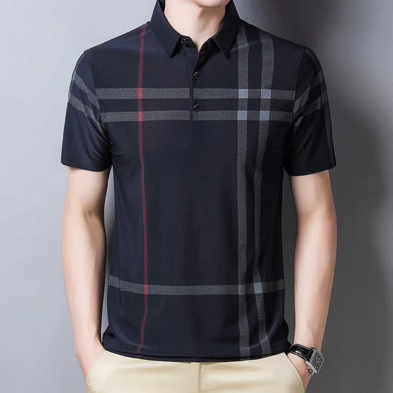 BROWON Business Polo Shirt Men Summer New Casual Loose Breathable Anti-wrinkle Short Sleeved Plaid Men Polo Shirt Men Tops Regular