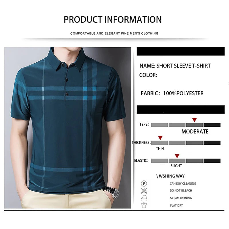 BROWON Business Polo Shirt Men Summer New Casual Loose Breathable Anti-wrinkle Short Sleeved Plaid Men Polo Shirt Men Tops Regular