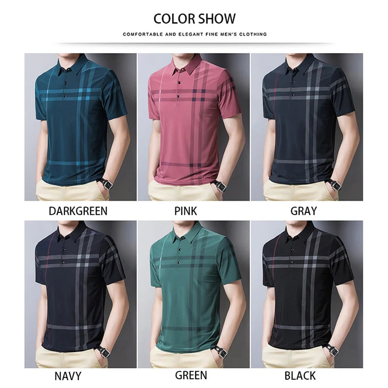 BROWON Business Polo Shirt Men Summer New Casual Loose Breathable Anti-wrinkle Short Sleeved Plaid Men Polo Shirt Men Tops Regular