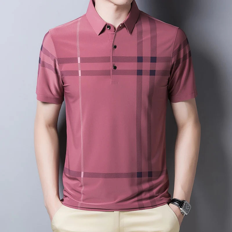 BROWON Business Polo Shirt Men Summer New Casual Loose Breathable Anti-wrinkle Short Sleeved Plaid Men Polo Shirt Men Tops Regular