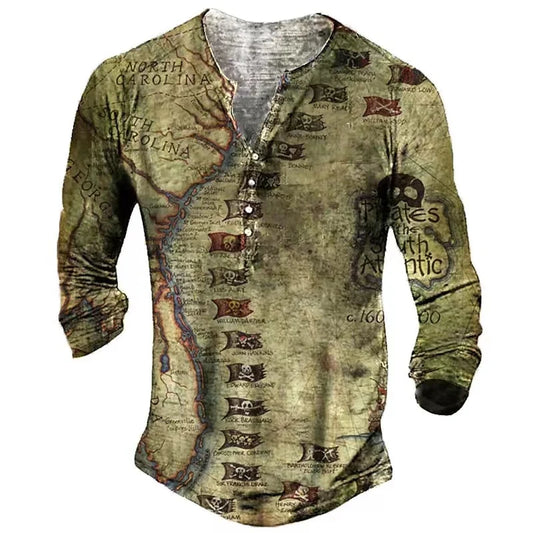 Vintage Men's T-Shirts With Button Ethnic Pattern Print Spring Autumn Loose O-Neck Long Sleeve Oversized T Shirts Male Clothing Regular