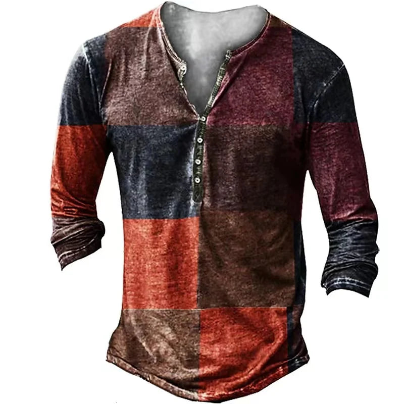 Vintage Men's T-Shirts With Button Ethnic Pattern Print Spring Autumn Loose O-Neck Long Sleeve Oversized T Shirts Male Clothing Regular