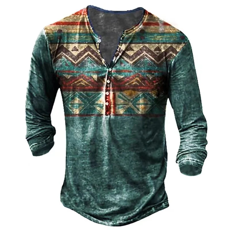 Vintage Men's T-Shirts With Button Ethnic Pattern Print Spring Autumn Loose O-Neck Long Sleeve Oversized T Shirts Male Clothing Regular