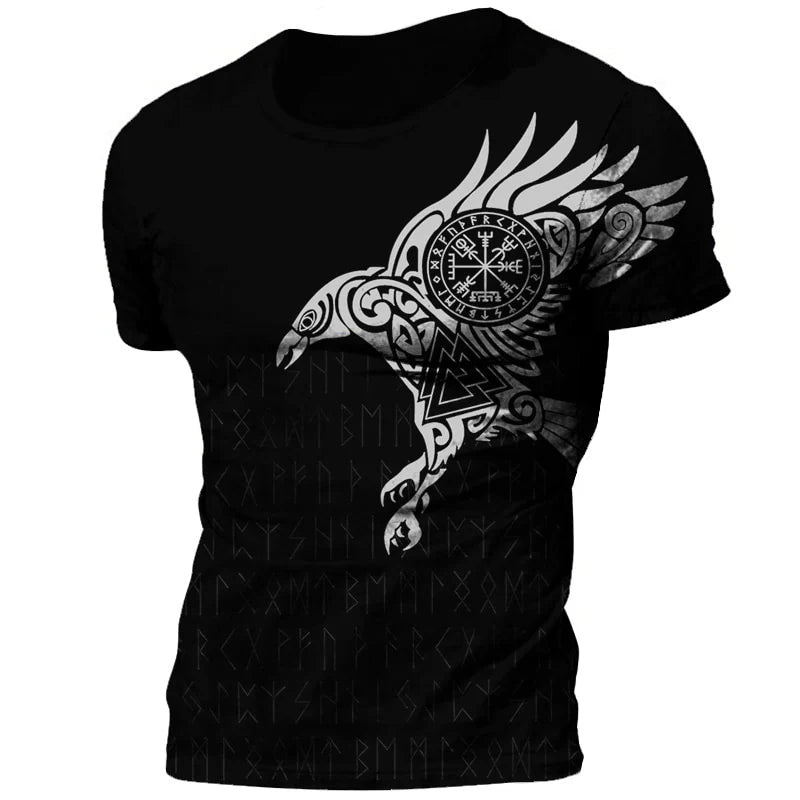 Retro Viking Tattoo 3D Print Men's T-shirts Summer Viking Odin Crew Neck Loose Short Sleeve Casual Tops Tees Oversized T Shirts