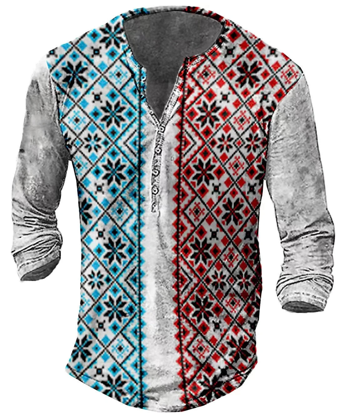 Vintage Men's T-Shirts With Button Ethnic Pattern Print Spring Autumn Loose O-Neck Long Sleeve Oversized T Shirts Male Clothing Regular