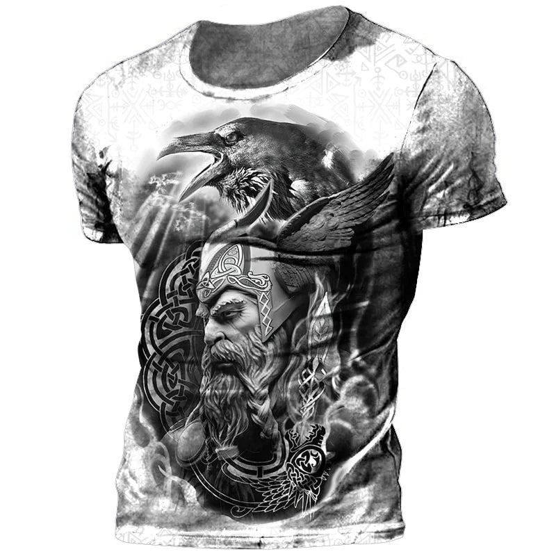 Retro Viking Tattoo 3D Print Men's T-shirts Summer Viking Odin Crew Neck Loose Short Sleeve Casual Tops Tees Oversized T Shirts