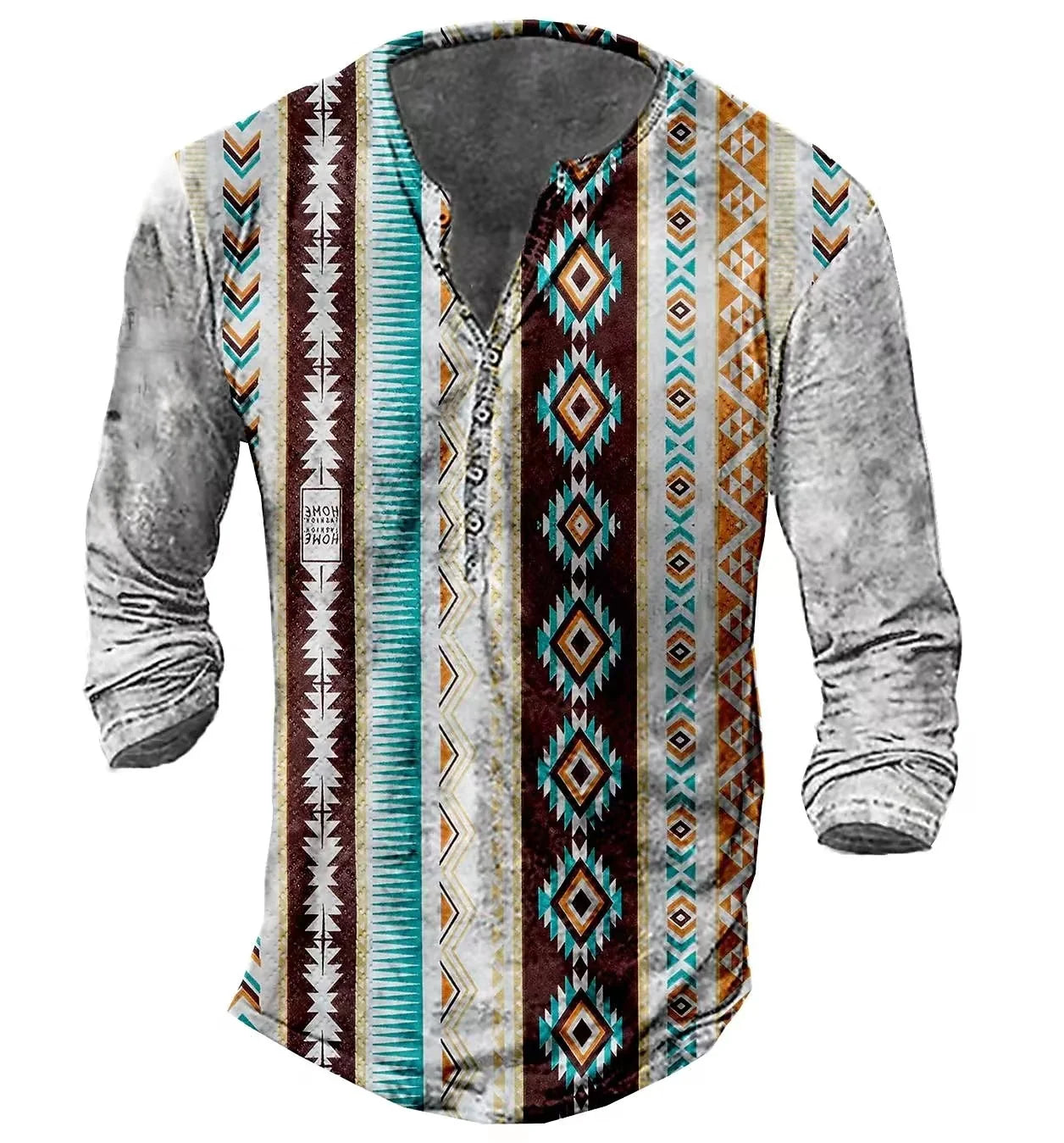 Vintage Men's T-Shirts With Button Ethnic Pattern Print Spring Autumn Loose O-Neck Long Sleeve Oversized T Shirts Male Clothing Regular