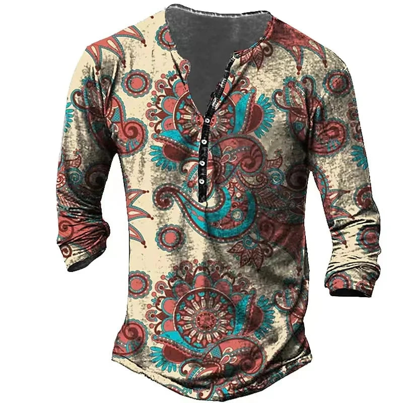 Vintage Men's T-Shirts With Button Ethnic Pattern Print Spring Autumn Loose O-Neck Long Sleeve Oversized T Shirts Male Clothing Regular