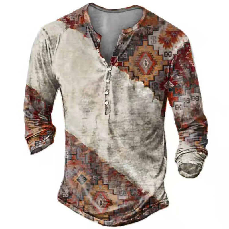 Vintage Men's T-Shirts With Button Ethnic Pattern Print Spring Autumn Loose O-Neck Long Sleeve Oversized T Shirts Male Clothing Regular